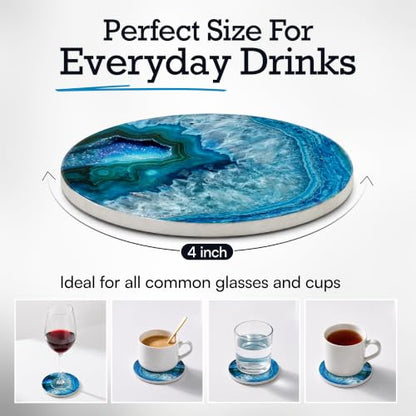 Luxury Stone Pattern Ceramic Coasters Set with Metal Holder (4, Blue) - color: Blue Agate, size: 4 Pack