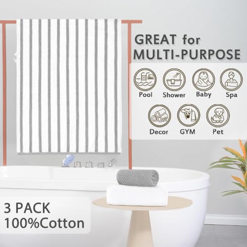 VOOVA & MOVAS Stripe 3PC Towel Set, 100% Cotton, Grey | 1 Stripe Large Bath 30x54 In,1 White Hand 18x28 In,1 Grey Washcloth 13x13 In, Quick Dry, Thick, Dorm Room Essentials - color: Grey+white Stripe, size: 3 PC Bathroom Towel Set