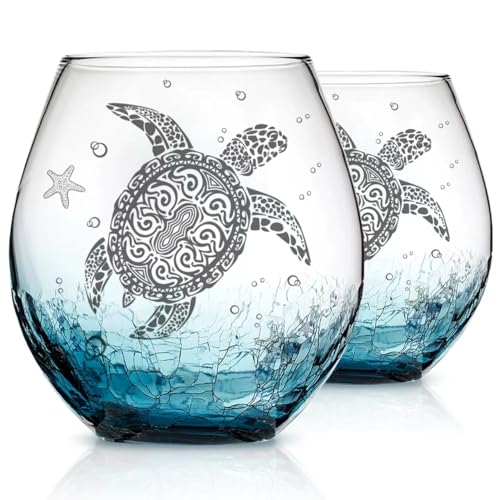 Physkoa Sea Turtle Gifts for Women-13.5oz Sea Turtle Wine Glasses set of 2 - Crackle teal design turtle wine glasses-Hand blown Stemless Wine Glass - turtle lovers Gifts for Birthday，Mothers Day - color: Bluck（2 Count）