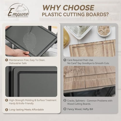 Empune 3-Piece Plastic Cutting Boards for Kitchen - Thick & Non-Slip Chopping Board Set with Juice Grooves, Dishwasher Safe, BPA Free, Includes Large & Small Sizes, Gray - color: Gray