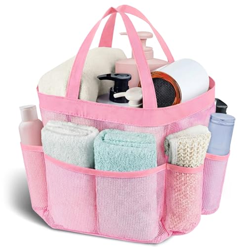 Mesh Shower Caddy Portable - 9 Pockets, Shower Bag for Dorm Room Camping | 2 Handle Quick Dry Shower Bag College Dorm Room Essentials Large Capacity Hanging Basket for Bathroom Travel Swimming Gym - color: light pink