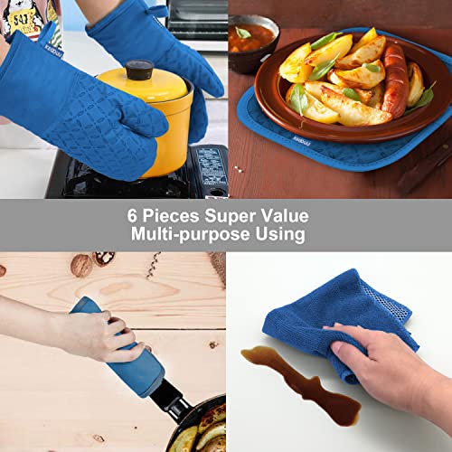 KEGOUU Oven Mitts and Pot Holders 6pcs Set, Kitchen Oven Glove High Heat Resistant 500 Degree Extra Long Oven Mitts and Potholder with Non-Slip Silicone Surface for Cooking (Royal Blue) - color: Royal Blue