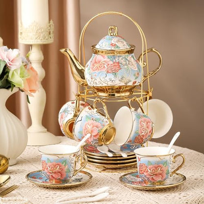 20 Pieces Porcelain Tea Set With Metal Holder, European Ceramic tea set for adults,Flower Tea Set,Tea Set For Women With Flower Painting (VIVID BLUE, Largr Vision) - color: VIVID BLUE