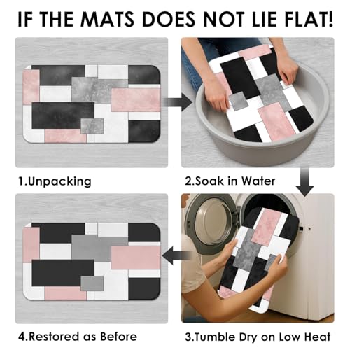 Bathroom Sets with Shower Curtain and Rugs, 4 Pcs, Geometric Pink | Checkered Modern Abstract Bathroom Decor Set with Toilet Lid Cover, Non-Slip Bath Mats and 12 Hooks - color: Abstract Geometric Pink