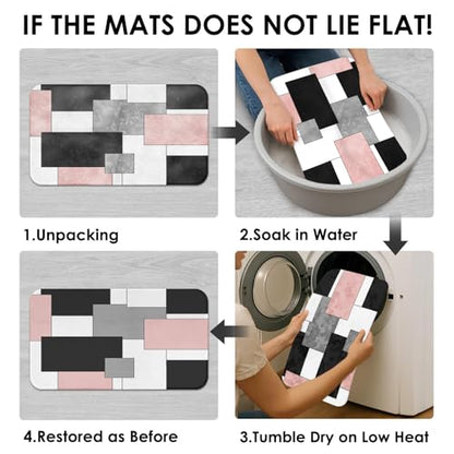 Bathroom Sets with Shower Curtain and Rugs, 4 Pcs, Geometric Pink | Checkered Modern Abstract Bathroom Decor Set with Toilet Lid Cover, Non-Slip Bath Mats and 12 Hooks - color: Abstract Geometric Pink