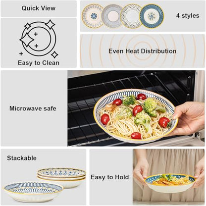 Yeacccng Bohemian Pasta Bowls Set of 4, 8 Inch 24 Oz Ceramic Salad Bowls, Shallow Wide Kitchen Bowls, Lead-Free Cadmium-Free, Dishwasher Microwave Oven Safe, Scratch-Resistant Boho Serving Bowls - size: 8 inch pasta bowl (Colorful*4)