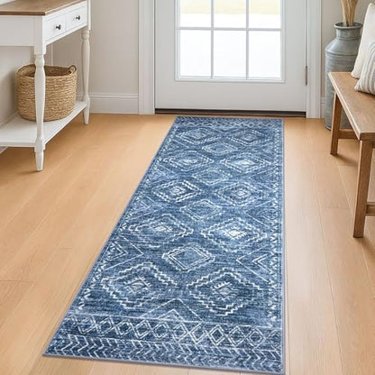 KILOCOCO Washable Runner Rug 2x5 ft Hallway Runners, Stonewashed Blue | Non Slip Runner Rug, Printed Kitchen Runner Rug, Low-Pile Entryway Runners, Soft Geometric Rugs for Bedroom Hall Living Room - color: Stonewashed Blue, size: 2' x 5' (Runner)
