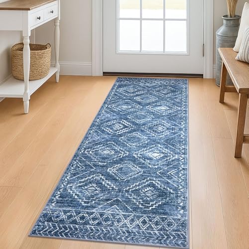 KILOCOCO Washable Runner Rug 2x5 ft Hallway Runners, Stonewashed Blue | Non Slip Runner Rug, Printed Kitchen Runner Rug, Low-Pile Entryway Runners, Soft Geometric Rugs for Bedroom Hall Living Room - color: Stonewashed Blue, size: 2' x 5' (Runner)