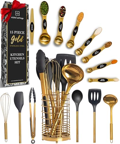 Styled Settings Black and Gold Kitchen Utensils Set, 15-Piece | Nonstick BPA-Free Silicone Coooking Utensils, Gold Utensil Holder, & Magnetic Measuring Spoons - Stylish Kitchen Accessories - color: 15 Piece Black & Dark Gold