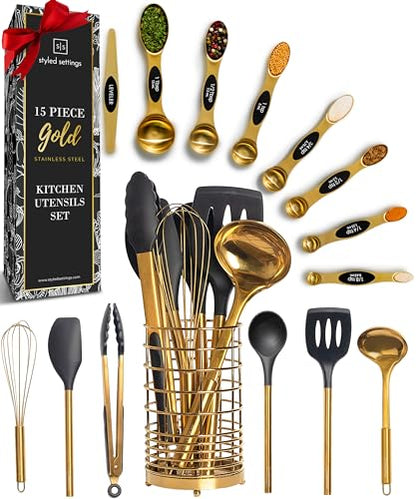 Styled Settings Black and Gold Kitchen Utensils Set, 15-Piece | Nonstick BPA-Free Silicone Coooking Utensils, Gold Utensil Holder, & Magnetic Measuring Spoons - Stylish Kitchen Accessories - color: 15 Piece Black & Dark Gold
