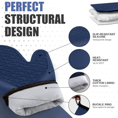 Silicone Oven Mitts, Heat Resistant 2PCS Oven Mitts with Soft Cotton Lining, Waterproof Non-Slip Grip Oven Glove, Kitchen Potholder Mits for BBQ, Baking, Cooking, 12.5 Inch - Dark Blue - color: Dark Blue