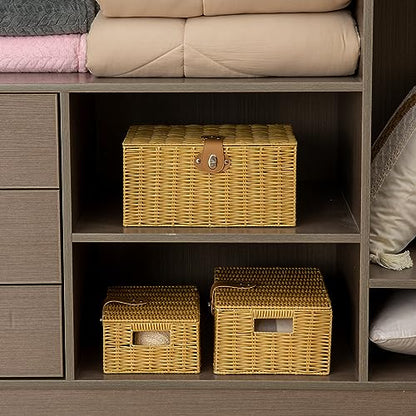 Wicker Storage Baskets with Lids, Set of 3 Decorative Storage Boxes For Organizing, Woven Baskets with Leather Lock and Handles (Beige)