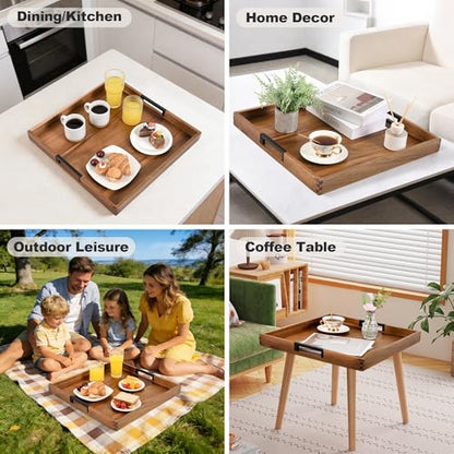 Large Ottoman Tray for Living Room and Coffee Table, Decorative Acacia Wood Serving Tray with Metal Handles for Breakfast in Bed, Dinner Food Kitchen TV (Natural, 17" x 17" x 2") - size: 17" x 17" x 2"