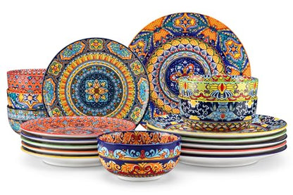 vancasso 18-Piece Dinnerware Sets,Ceramic Plates and Bowls Sets Service for 6, Bohemian Style Porcelain Dishes Set for 6, Microwave and Dishwasher Safe, Scratch Resistant,Non Toxic, Series KRVI - size: Service for 6 (18 Pcs)