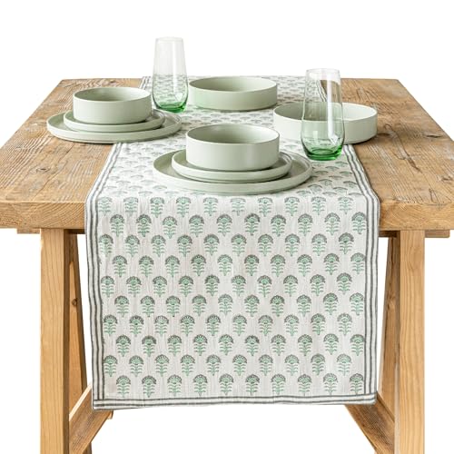 Over&Back 18x90 Hand-Blocked Printed Cotton Table Runner - Washable Table Runners for a Custom Home Decor Tablescape - Perfect for Coffee Table, Dinner Table, Living Room, and More - Green Flower - color: Green Flower, size: Runner | 18x90