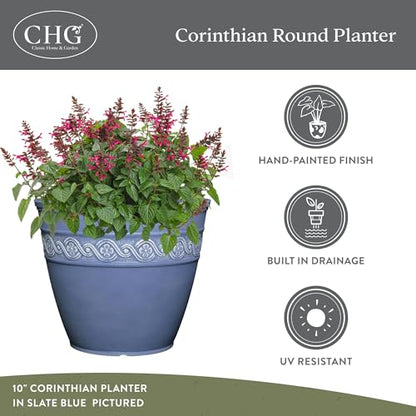 Corinthian Round Planter Pot w/Drainage Holes, 8" Desert Tan | Classic Resin Plant Pots, Lightweight Indoor Outdoor Planter, Weather-Resistant, Great for Patio, Home & Garden Decor Accent