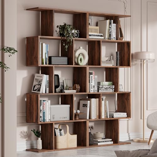 Set of 2 Geometric Bookcase, S-Shaped Modern Bookshelf, Room Divider Bookshelf, 62" Tall Unique Abstract Bookcase with 5-Tier Display Shelf for Living Room Office, Rustic Brown - color: Rustic Brown