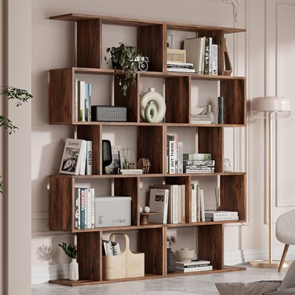 Set of 2 Geometric Bookcase, S-Shaped Modern Bookshelf, Room Divider Bookshelf, 62" Tall Unique Abstract Bookcase with 5-Tier Display Shelf for Living Room Office, Rustic Brown - color: Rustic Brown
