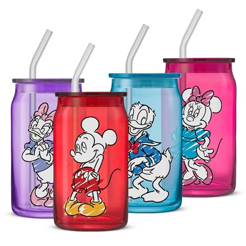 JoyJolt Disney Mickey Mouse and Friends Color Sketch Glass Tumblers with Lids and Straws, 16oz Glass Cups with Lids and Straws, Can Shaped Drinking Glasses Set of 4, Disney Gifts for Adults - style: Mickey Mouse