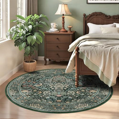 4ft Washable Area Rug Round Non-Slip Carpet for Bedroom Green Blue - color: Dark Green (Larger Pattern), size: 4' (Round)