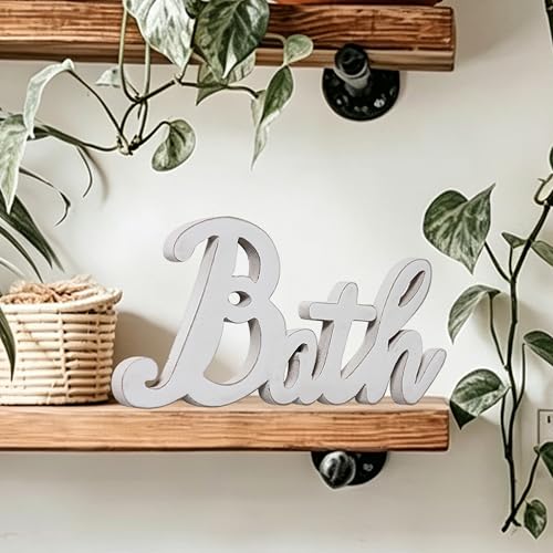 Rustic Bath Signs for Bathroom 14 inches, Distressed White | Hanging Bathroom Sign Decor for Shelf, Wooden Wall Signs for Home Decor, Decorative House Sign - color: Bath