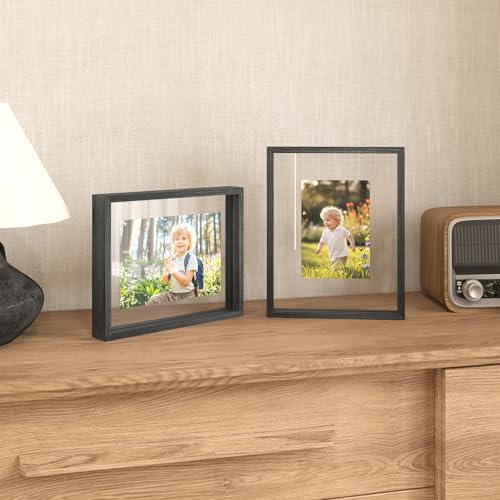 Egofine 8x10 Floating Frames Set of 2, Double Plexiglass Picture Frame, Made of Solid Wood Display Any Size Photo up to 8x10, Wall Mount or Tabletop Standing, Faded Black - color: Faded Black, size: 8x10