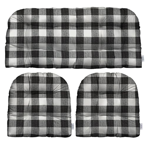 RSH DECOR 3Piece Wicker Tufted Outdoor Chair Cushions for Patio Furniture, Blue Buffalo Plaid Loveseat Cushion Set, 44” x 22” Bench & 2 Seat Cushions, Wicker Patio Furniture Cushion, Made in USA - color: Black Buffalo Plaid, size: 44" x 22" & 2 - 22" x 22