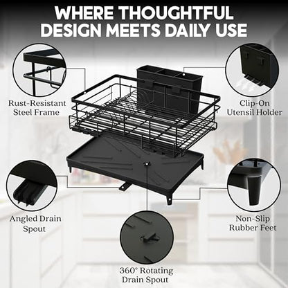 2 IN 1 Expandable Dish Drying Rack plus Sponge Organizer, Stainless Steel Drying Rack with Drainer Plate, Kitchen Countertop Organizer Space Saving Utensil Holder, Scratch Resistant and Rust-Proof