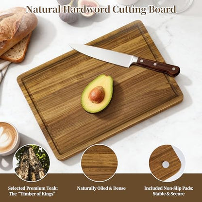 Teak Cutting Board for Kitchen - Teak Wood Chopping Board with Handle & Juice Groove, Heavy-Duty Hardwood Cutting Boards Wooden Butcher Block for Meat, Fish, Vegetables, Fruits