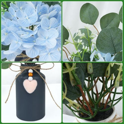 Artificial Potted Plants Faux Hydrangea Flowers in Mason Jar Vase | Small Decorative Fake Plants, Faux Hydrangea and Eucalyptus Arrangements for Kitchen Table Bookshelf Farmhouse Decor