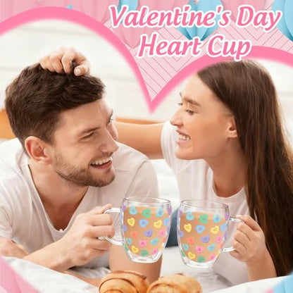 JarThenaAMCS Valentine' s Day Double Wall Glass Coffee Mugs Insulated Glasses 12Oz Candy Conversation Heart Clear Espresso Cups with Handle for Home Holiday Supplies, Set of 2 - style: Pastel Conversation Heart