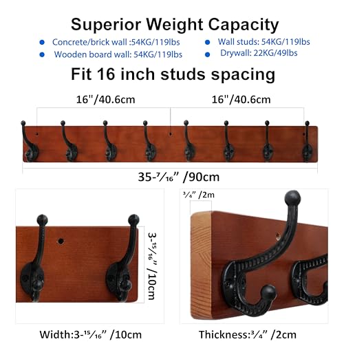 WEBI Rustic Coat Rack Wall Mount,35.43" Long 8 Cast Iron Coat Hooks Wall Mounted,Heavy Duty Wood Wall Coat Hanger Hooks for Hanging Coats,Jacket,Clothes,Backpack,Farmhouse,Cherry - color: Cherry, size: 35 Inch