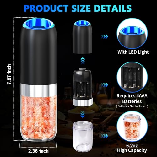 Gravity Electric Salt and Pepper Grinder,BoAn Battery Salt and Pepper Grinder Set,One-Hand Ceramic Larger Chamber Automatic Spice Mill,Adjustable Coarseness with LED Light for Kitchen New Home Gifts