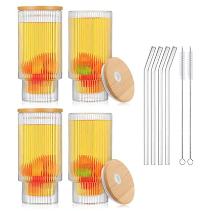 4 Pcs 15 Oz Glass Cups With Bamboo Lid And Straw, Clear Vintage Ribbed Drinking Glass Tumbler, Iced Coffee Cups For Juice, Cocktail, Beer, and Water