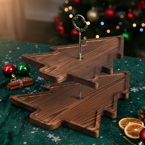 Wood 2-Tiered Christmas Tree Tray Cupcake Stand Dessert Display Holiday Serving Platters Xmas Wooden Charcuterie Board for Snacks Food Fruit Appetizers Desserts Cookies (Dark Brown) - color: Dark Brown