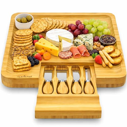 NutriChef Bamboo Natural Cheese Board Set with Bonus Condiment Cup-Extra Large Size 100% Home Organic Wooden Plate and Charcuterie Tray with 4 pcs Cutting Knife Slicer, 13" Square - style: Square