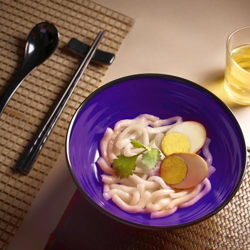 Unbreakable Ramen Bowl Set with Chopsticks and Spoon: 2 large Japanese Style Melamine Ramen Bowls (2 Bowl Set, Purple-Black) - color: Purple & Black, size: 2 Bowl Set