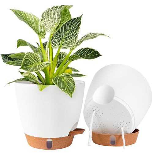 2 Pack 8 Inch Pots for Plants Indoor, Plastic Self Watering Planters | Drainage Holes, Water Level Indicator & Deep Reservoir, Decorative Flower Pots Indoor Outdoor Use, White - color: White, size: 8 Inch