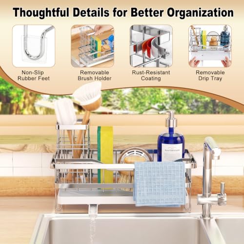 Sponge Holder for Kitchen Sink, Self-draining Sink Caddy with Towel Rack and Brush Holder, Metal Kitchen Countertop Organizers and Storage Essentials, Silver - color: Silver