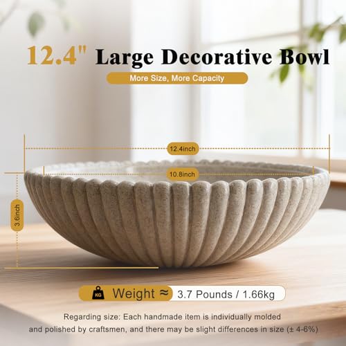 Large Resin Decorative Bowl 12 Inch, Fruit Bowl Sandstone Ruffle Key Bowl for Coffee Table Shallow Centerpiece Bowl Catch All Bowl for Kitchen Counter, Entryway, Living Room - size: 12 Inch