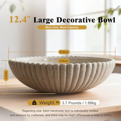 Large Resin Decorative Bowl 12 Inch, Fruit Bowl Sandstone Ruffle Key Bowl for Coffee Table Shallow Centerpiece Bowl Catch All Bowl for Kitchen Counter, Entryway, Living Room - size: 12 Inch