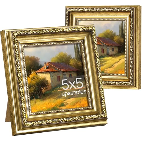 upsimples Vintage 5x5 Picture Frame, Antique Gold Frames, 2 Pack | Gold Picture Frames, Fits 5 x 5 Photos, Elegant Vintage Design, Wall or Tabletop Decor, for Wedding or Family Memorie - color: Gold, size: 5x5