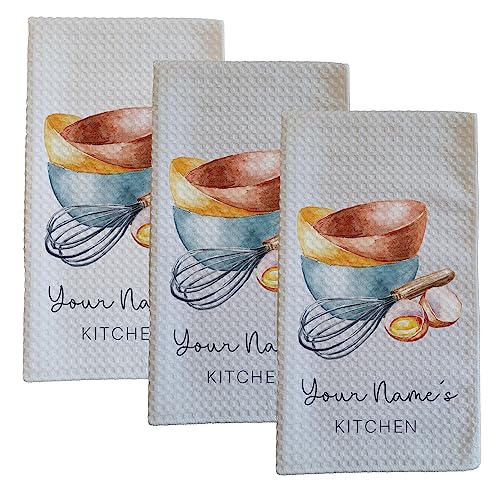 Personalized Kitchen Towel | Custom Tea Towel | Watercolor Utensil Dish Towel | Kitchen Decor | Hand Towel Gift Set | Waffle Weave Dishcloth (Pack of 3 Towels, Design 1) - size: Pack of 3 Towels, style: Design 1