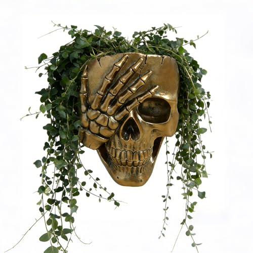 Unique Skull Wall Planter, Gothic Flower Pot for Indoor Outdoor Plants, Hanging Face Head Planters with Drainage Hole, Spooky Skeleton Decor for Home, Skull Planter Gift for Halloween(Gold) - color: No See Gold