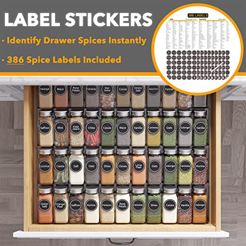 SpaceAid Spice Drawer Organizer with 44 Spice Jars, 386 Spice Labels, 4 Tier Seasoning Rack Tray Insert for Kitchen Drawers, 20.25" Wide x 17.5" Deep - size: 44 Jars, 20.25" Wide