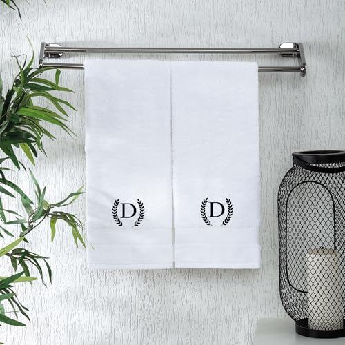 Monogrammed Hand Towels for Bathroom Makeup, Personalized Turkish Cotton Towel with Embroidery, Gift for Weddings, Housewarming, Anniversaries, and Bridal Showers, Set of 2 (Black, Initial D)