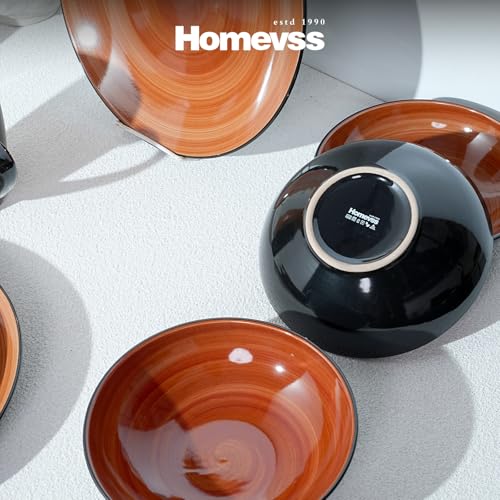 HomeVss, Sonoma Stoneware 16pc Dinnerware Set, Outside Black + Inside Hand Painting Color Spice - color: Spice