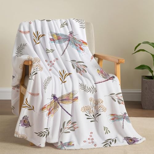 Dragonfly Throw Blanket Floral Flower Throw Blanket Botanical Plant Flannel Fleece Throw Blankets Butterfly Cozy Fuzzy Plush Throw Blankets for Bed Chair Couch 50" X 60" - color: Dragonfly Flower, size: 50" X 60"
