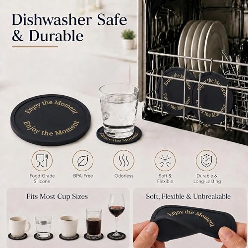 Silicone Coasters Set of 6, Premium Drink Coaster with Holder, Non-Slip, Non-Stick, Dishwasher Safe, Perfect for Hot and Cold Drinks, Protect Your Desks and Tables(6 Black) - color: Black