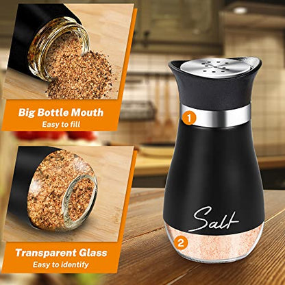 Salt and Pepper Shakers Set,4 oz Glass Bottom Salt Pepper Shaker with Stainless Steel Lid for Kitchen Gadgets Cooking Table, RV, Camp,BBQ Refillable Design (Black) - color: Black